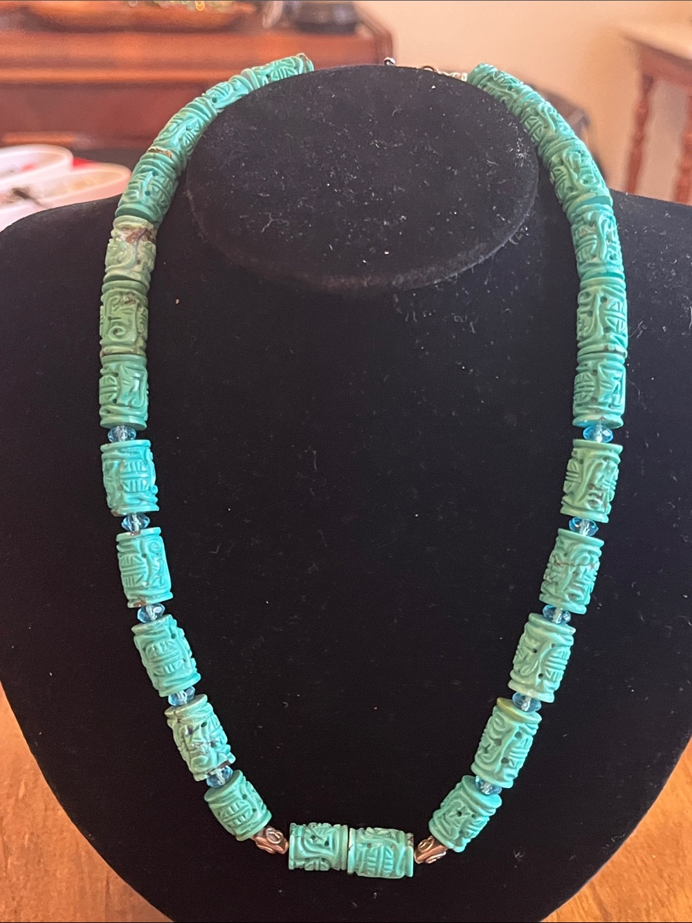 Vintage Chinese carved shou design, turquoise necklace